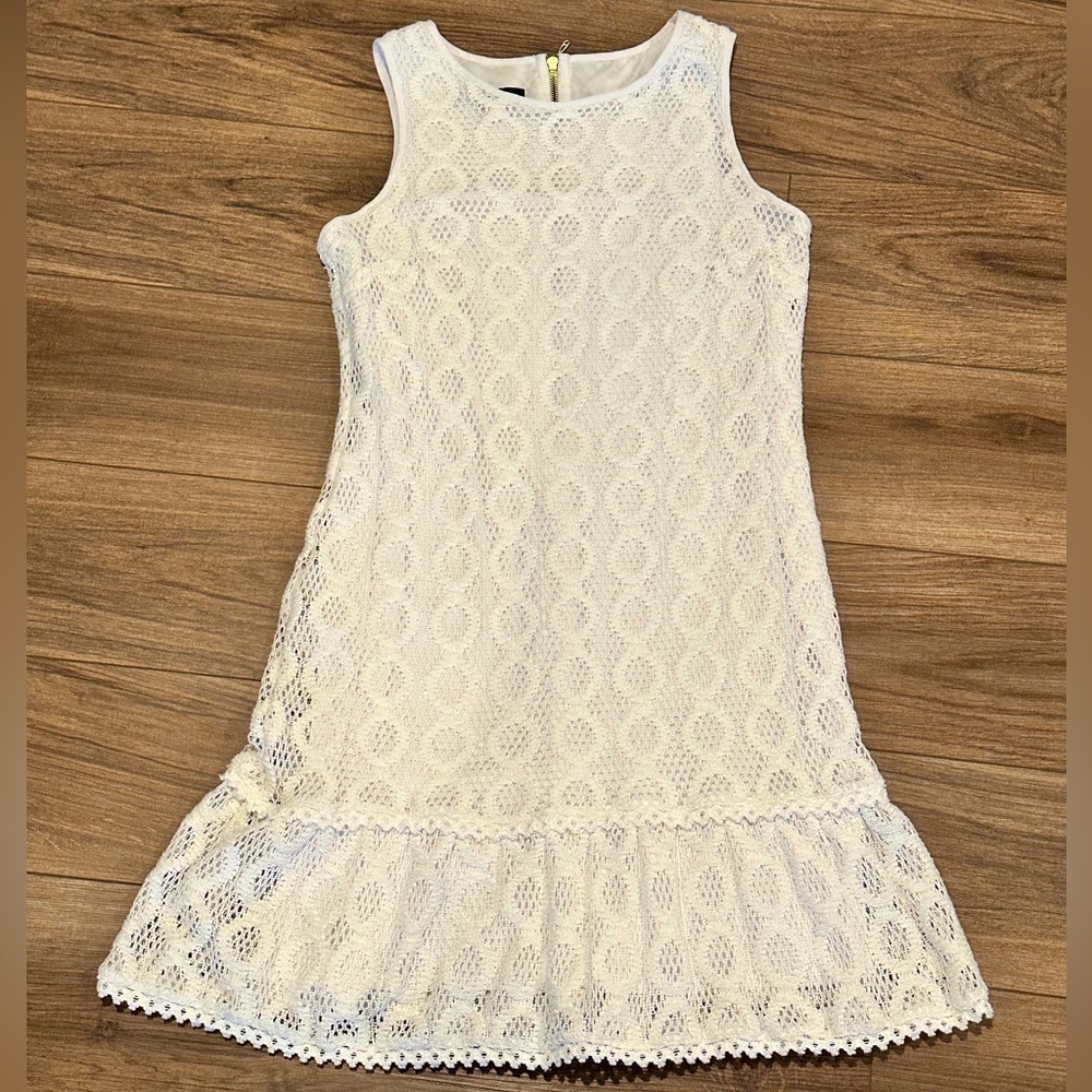 Nine West White Eyelet Shift Dress with Peplum Ruffle Hem Size 12